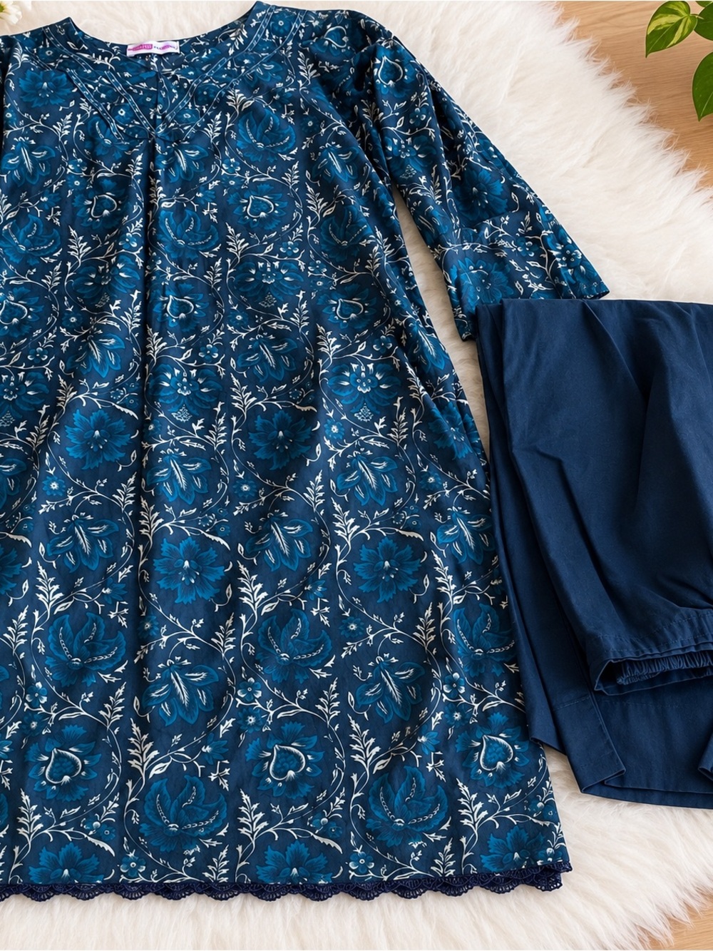 Navy Blue Floral Tunic & Pants Set - Women's Jumpsuits & Pant